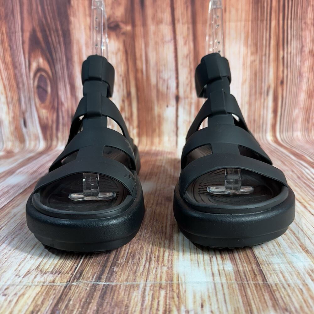 Crocs BROOKLYN LUXE Womens Size 6 Black Gladiator Wedge Sandals Open Toe Shoes - Picture 2 of 9